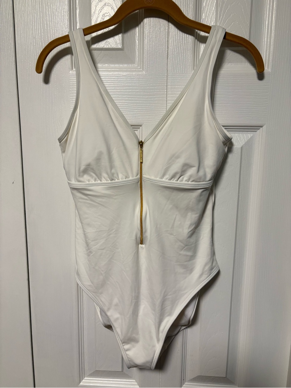 Ralph Lauren Classic White One-Piece Swimsuit with Gold Front Zip